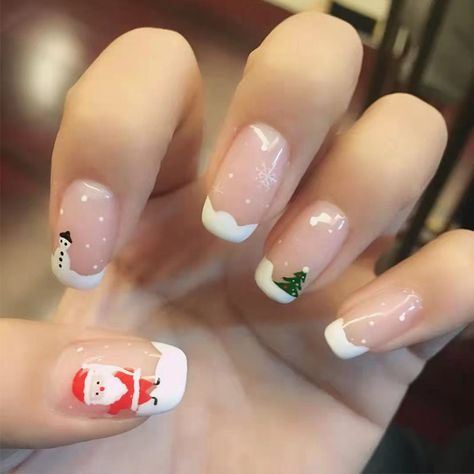 24Pcs DIY Christmas Press On False Nails Tips Manicure Accessory Shiny Short Square French Fake Nail Nail Art Noel, Snowflake Nails, Xmas Nails, Christmas Nail Designs, Stick On Nails, Girls Nails, Christmas Nail, Nails Short, Diy Manicure