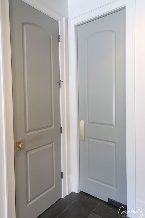 Door color is Lamp Room Gray by Farrow & Ball. Room Door Colour, Home Door Color Ideas, Lamp Room Grey Farrow And Ball, European Interior Doors, Interior Door Colors Ideas Modern, Room Door Color Ideas, Room Door Color, Bedroom Door Colors, Room Door Design Bedrooms