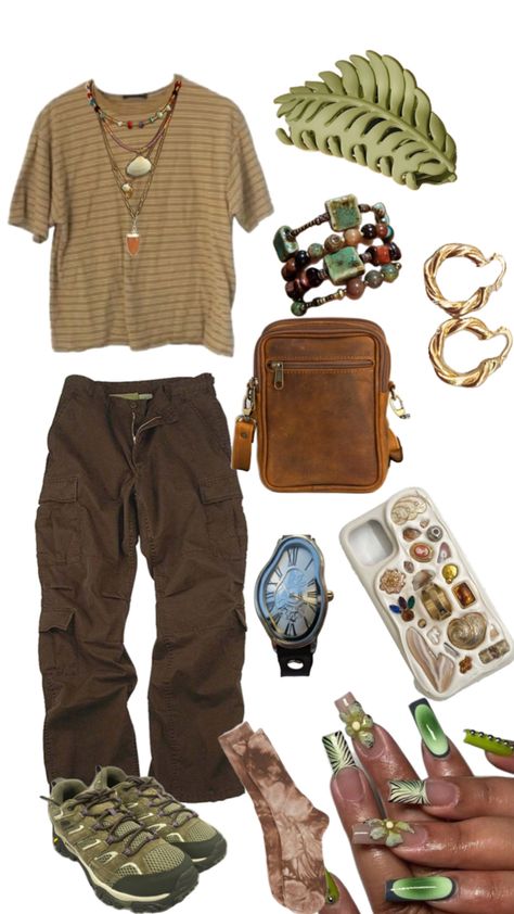 Earthy aesthetic masc green brown outfits shoes phone case pants shirt earrings bracelet necklace spiritual boho outfit inspired Black Boho Outfits, Green And Brown Aesthetic, Camp Pants Outfit, Earthy Aesthetic Fashion, Earthy Aesthetic Outfits, Boho Aesthetic Outfit, Brown Aesthetic Outfit, Spiritual Outfits, Earthy Outfits Aesthetic