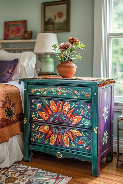 Boho Bedroom Storage, Bedroom Storage Ideas, Storage Chests, Boho Bedroom Colorful, Boho Bedroom Ideas, Creation Station, Colorful Mandala, Rustic Floating Shelves, Boho Furniture