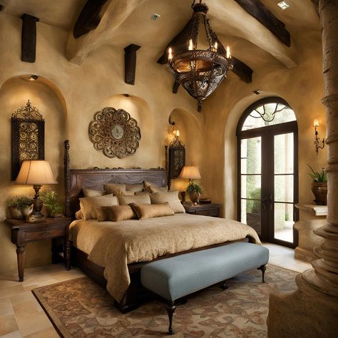 Siestas and sunshine! This dreamy bedroom transports you to the Mediterranean coast. Warm colors, textured rugs, and wrought iron accents create a relaxing retreat. What are your favorite elements of Mediterranean style? Let us know in the comments! Mediterranean Decor Bedroom Master Suite Spanish Style, Spanish Style Master Suite, Mediterranean Master Bedrooms Decor, Mediterranean Bedroom Decor, Italian Bedroom Decor, Mediterranean Interior Design Bedroom, Italian Style Bedroom, Italian Bedroom Aesthetic, Mexican Style Bedroom