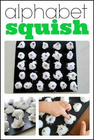 Alphabet Squish. I love this idea! Sensory activity that can be used not only for letter recognition but making the sound of the letter as they squish it. Another awesome idea from Jenae at I Can Teach My Child. High Scope, Fun Alphabet, Preschool Winter, Preschool Stem, Alphabet Recognition, Preschool Alphabet, Alphabet Learning, Abc Activities, Alphabet Games