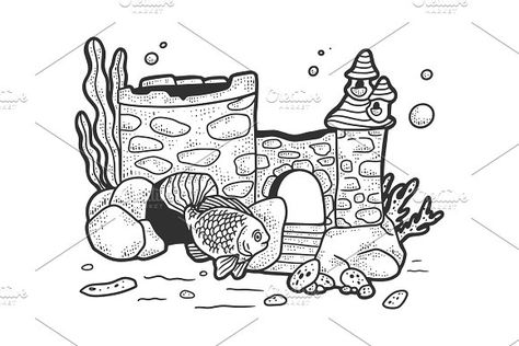 Aquarium Sketch, Cartoon Goldfish, Castle Sketch, Cute Cartoon Fish, Castle Coloring Page, Mermaid Vector, Cartoon Sea Animals, Castle Tattoo, Inktober 2023