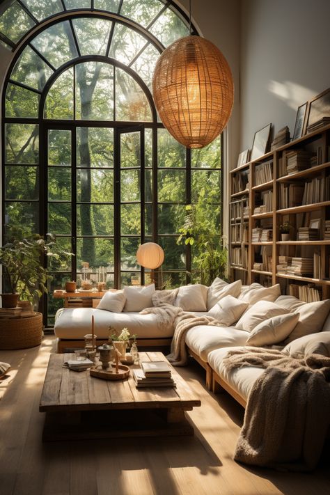 House Interior Boho Chic, House Design Earthy, Living Room Nature Inspired, Natural Chic Living Room, Natural Home Architecture, Earthy Library Room, Cozy Chic Home Decor, Earthy Library Aesthetic, Home Nature Design