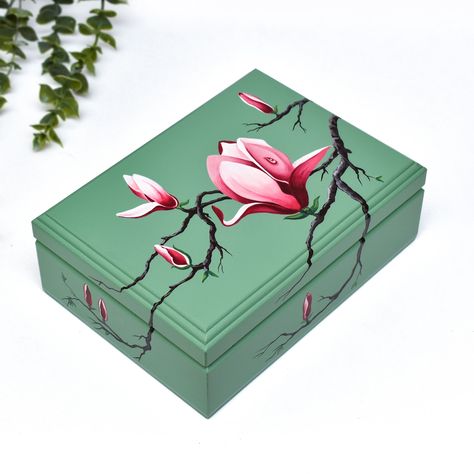 Painted Jewelry Box, Magnolia Keepsake Box, Wooden Memory Box, Green Treasure Chest, Flower Trinket Box, Christmas Gift for Girls, Stash Box Painted Jewelry Box, Decorative Wooden Boxes, Wooden Memory Box, Painted Jewelry Boxes, Pink Magnolia, Magnolia Design, French Pink, Stash Box, Painted Jewelry