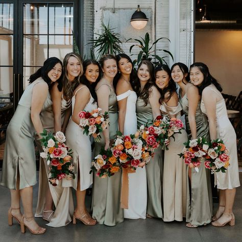 Green And Champagne Wedding, Bridesmaid Color Palette, All Shades Of Green, Olive Wedding, Green Wedding Inspiration, Green Weddings, Wedding Parties Colors, Sage Green Dress, Bridesmaids Dress Inspiration