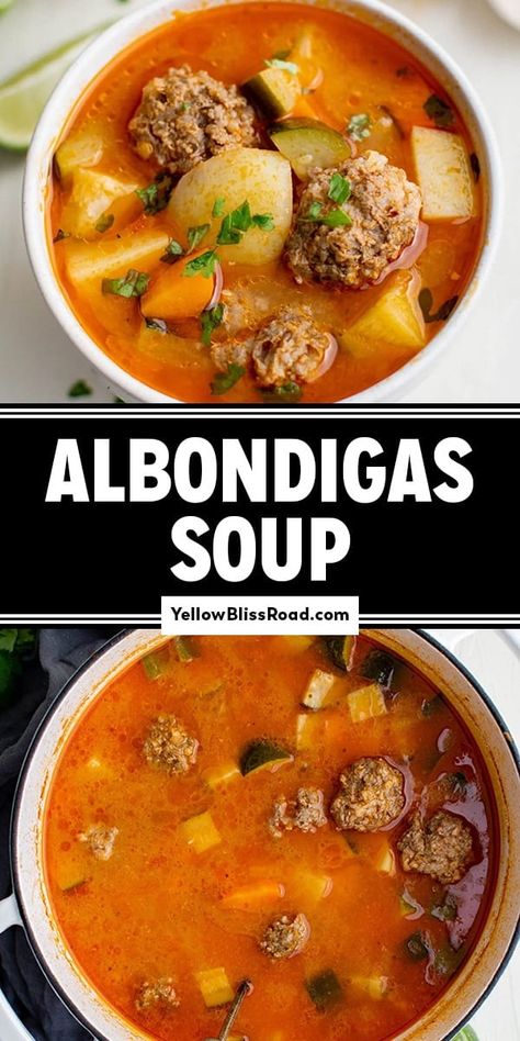 Albondigas Soup is a traditional Mexican Meatball Soup made with beef & rice meatballs, potatoes and zucchini in a rich tomato broth. Mexican Meatball Soup Crockpot, Abondagus Soup, Abondigas Soup, Rich Soup Recipes, Low Fat Soup Recipes, Albondiga Soup, Mexican Meatball Soup Albondigas, Meatballs Potatoes, Albondigas Soup Recipe Mexican