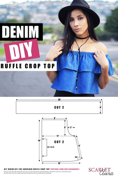 In this DIY I show you how to make a super easy light-weight denim off-the-shoulder crop top. This style of top is so on trend right now as it features romanticism, off-the-shoulder, maybe even a little Victorian, and the denim gives it a seventies vibe. It’s the perfect item to take with you when travelling because it can be worn in several different ways – five of which I demonstrate in the video! Full post: http://www.scarletaura.com/2016/06/denim/ Diy Ruffle, Diy Tops, Diy Vetement, Ruffle Crop Top, Denim Diy, Off Shoulder Top, Diy Couture, Diy Dress, Dress Sewing Patterns