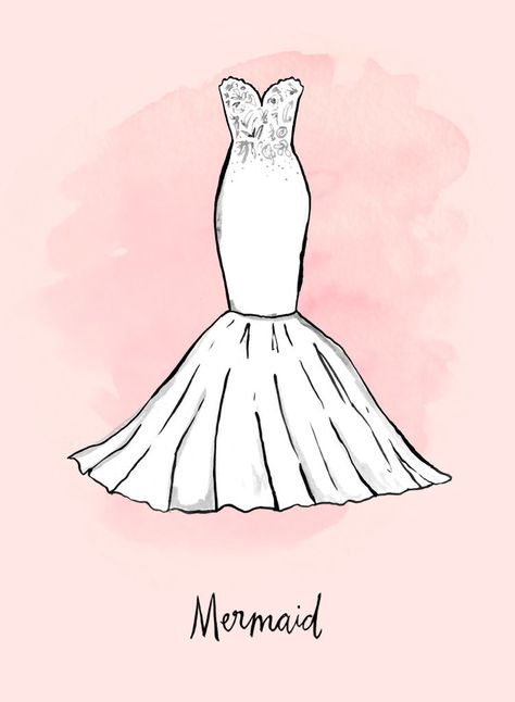 What It Looks Like: This dress is fitted and curve-hugging but flares out at the bottom to look like a fin. Design to Shop: Theia Patricia Mermaid Gown ($1,995) Source: June Letters Studio Draw A Mermaid, Wedding Dress Shapes, Wedding Dress Drawings, Wedding Dress Sketches, Flat Drawings, Wedding Dress Silhouette, Mermaid Drawings, Dress Illustration, Wedding Gowns Mermaid