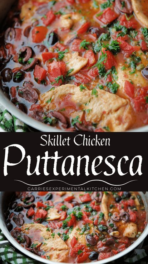 Italian style Chicken Puttanesca made with boneless chicken breasts, Kalamata olives, capers, tomatoes and fresh herbs. #chicken #lowcarb #keto #glutenfree #skillet Italian Chicken Skillet Recipes, Chicken With Olives And Tomatoes, Chicken Kalamata Olives Recipe, Chicken Puttanesca Recipes, Mediterranean Chicken Skillet, Italian Chicken Breast Recipes, Chicken And Olives, Mediterranean Style Chicken, Italian Style Chicken