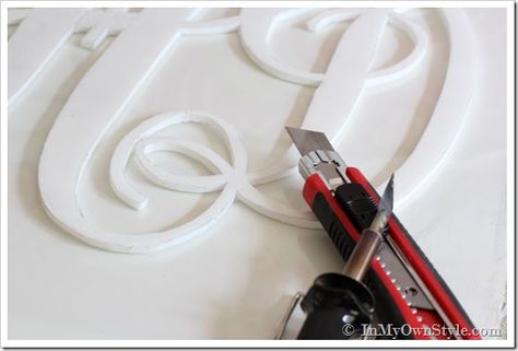 How To Make a Cut Out Monogram to Hang on a Wall or a Front Door | In My Own Style Foamboard Crafts, Foam Board Diy, Foam Board Projects, Foam Board Crafts, Styrofoam Crafts, Board Crafts, Foam Boards, Diy Monogram, Holiday Greenery