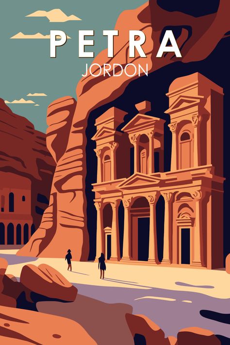 Retro art poster of Petra, Jordan showcasing the ancient wonder and architectural marvel. Petra Illustration, Petra Jordan Travel, Petra In Jordan, Punch Wall, Fleurs Art Nouveau, Landmark Poster, City Posters Design, Affiches D'art Déco, City Of Petra