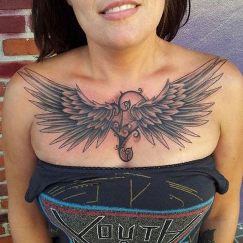 Best Chest Tattoo Designs 9 Angel Wings Chest Tattoo, Chest Tattoo Designs For Men, Chest Neck Tattoo, Abdomen Tattoo, Tattoo Wings, Stocking Tattoo, Tato Ikan Koi, Tato Dada, Tattoo Chest