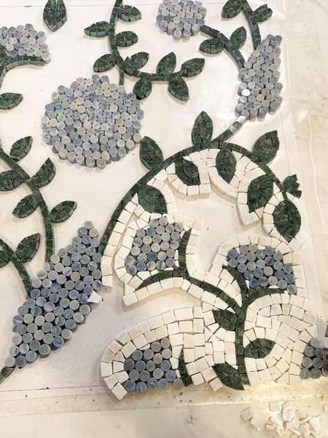 Amaranth, in tumbled Cloud Nine, polished Blue Macauba, and Spring Green, is handmade on the Eastern Shore of Virginia! Tile Making, New Ravenna, Coastal Wallpaper, Floral Mosaic, Mosaic Tile Art, Mosaic Murals, Bathroom Tile Designs, Biome, Cloud Nine