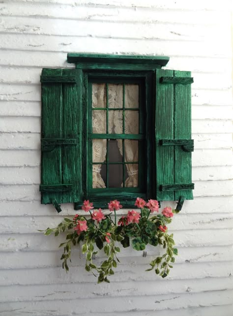 Arsitektur Kolonial, Green Shutters, Vintage Buffet, Beautiful Windows, Garden Windows, Window Shutters, Old Windows, Fairy Doors, Miniature Houses