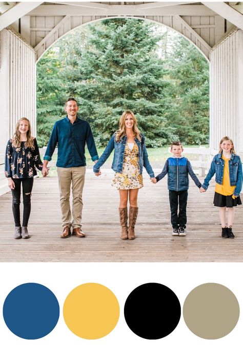 Family Photo Outfits You Will Want to Copy - Chaylor & Mads Family Photo Outfits Royal Blue, Mustard And Blue Family Photo Outfits, Yellow Theme Family Photos, Mustard Yellow Photography Family Photos, Yellow And Navy Family Pictures, Fall Family Photos Mustard Yellow, Family Photo Outfits Summer, Picture Color Schemes, Fall Family Outfits