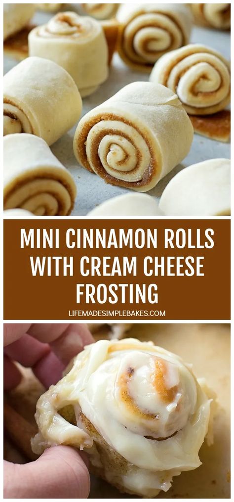 These mini cinnamon rolls with cream cheese frosting are perfect for brunch or special occasions! They're gooey bite-size pieces of perfection! #minicinnamonrolls #minicinnamonrollswithcreamcheesefrosting #creamcheesefrosting #cinnamonrolls Cinnamon Roll Frosting, Cinnamon Rolls With Cream Cheese, Cinnamon Rolls With Cream, Mini Cinnamon Rolls, Life Made Simple, Cinnamon Roll Recipe Homemade, Cinnamon Rolls Homemade, Cinnamon Rolls Recipe, With Cream Cheese Frosting