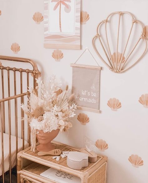 Mermaid Nursery Theme, Nursery Rattan, Little Mermaid Nursery, Girls Room Mermaid, Beach Theme Nursery, Mermaid Room Decor, Rattan Decor, Nursery Decor Ideas, Ocean Themed Nursery