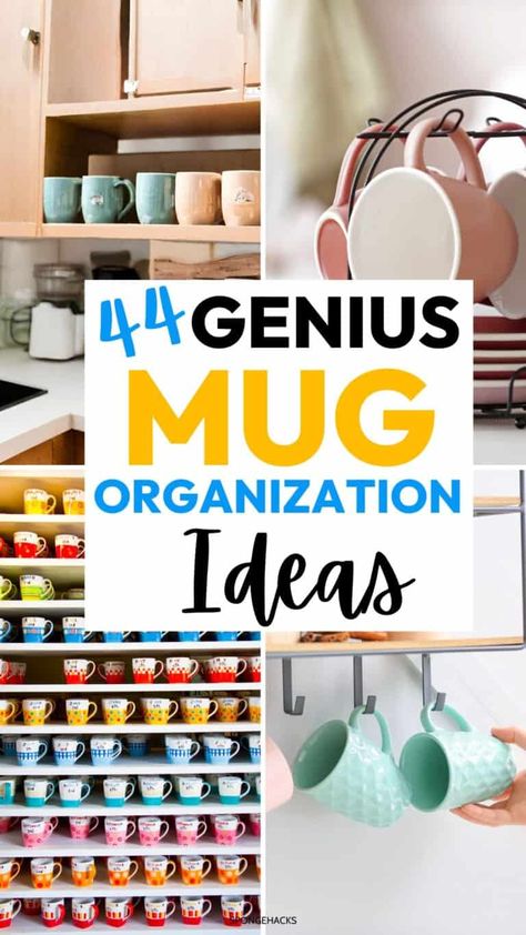 44 Genius Mug Organization Ideas You Have to Check Out - Sponge Hacks Organizing Mugs In Cabinet, Coffee Mugs Storage Ideas, Mug Cupboard Organization, Diy Mug Storage, Coffee Mug Storage Ideas Cabinets, Organizing Coffee Mugs, How To Organize Coffee Mugs, Mug Storage Ideas Cupboards, How To Store Coffee Mugs