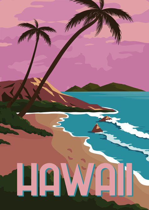 Hawaii Painting, Hawaii Art, Tourism Poster, Beach Illustration, Summer Poster, Hawaii Life, Beach Posters, Illustration Background, Illustrator Artist