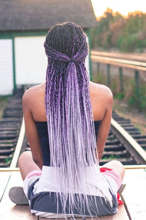 Black to Purple to Grey/Lavender Ombre Box braids. I love wearing colored long braids as a protective style for my natural hair!   #protectivestyle #boxbraids #naturalhair Purple Box Braids, Lavender Ombre, Ombre Box Braids, Black Box Braids, African Natural Hairstyles, Purple Ombre Hair, Blonde Box Braids, Short Ombre Hair, Grey Lavender