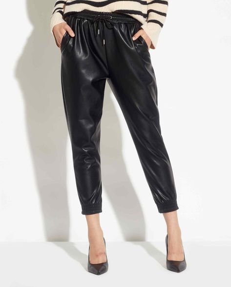 Faux Leather Joggers, Leather Jogger Pants, Houndstooth Sweater, Leather Joggers, Joggers Track Pants, Mock Neck Blouse, Elevated Style, Pleated Sleeves, Elie Tahari