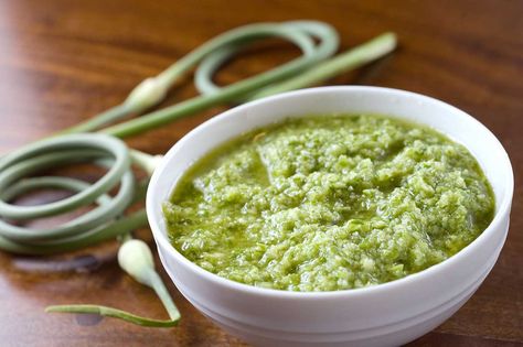 Garlic Scape Pesto Scape Pesto Recipe, Pesto Uses, Scape Pesto, Chicken Appetizer Recipes, Mexican Food Recipes Appetizers, Garlic Scape Pesto, Tasty Kitchen, Garlic Recipes, Pesto Recipe