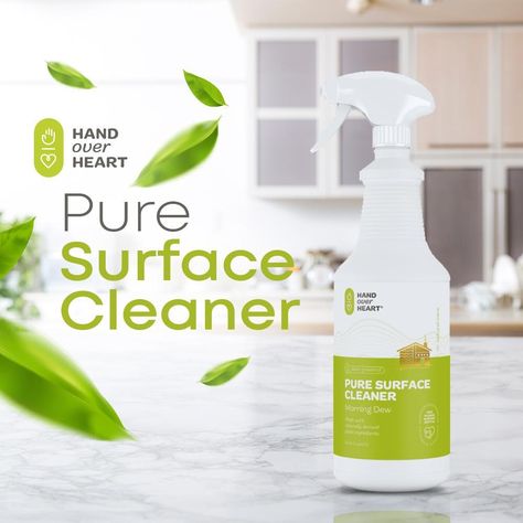 All-Natural Surface Cleaner: Made with a powerful blend of plant-based cleansers, Hand over Heart’s Pure Surface Cleaner contains no harsh fumes or chemicals and is safe enough to use around children and pets. Easy to Use: Enjoy a safe, effective solution without harsh ingredients for a better clean. Simply spray the solution on the surface and wipe off. For tougher stains, allow the cleaner to sit for one minute before wiping clean. Multipurpose Formula: Effectively clean your counters, applian Hand Over Heart, Brochure Design Layouts, Graphic Design Ads, Fred Meyer, Surface Cleaner, Creative Ads, Packaging Design Inspiration, Cleaning Products, Bottle Design