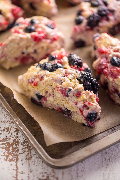 Triple Berry Buttermilk Scones - Baker by Nature Bakery Recipes Unique, Bakery Fashion, Berry Scones Recipe, Buttermilk Scones, Berry Scones, Baker By Nature, Scones Recipe Easy, Baking Journal, Homemade Scones