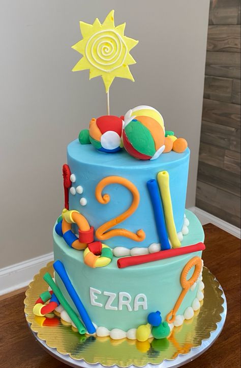 Splish Splash Birthday Cake, Splish Splash Birthday Party, Summer Birthday Cake, Pool Party Cakes, Pool Cake, 2 Tier Cake, Party Things, 2 Birthday Cake, Pool Birthday