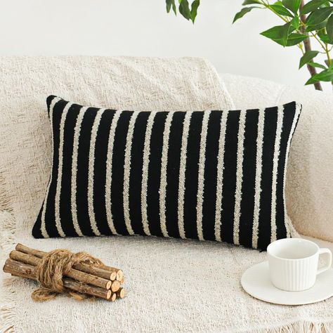 PRICES MAY VARY. Material: The front and back of this throw pillow cover are made of high quality 3D textured boucle fabric, which is thick, durable, breathable, and trendy. Simple Design: This black and khaki stripes look very minimalist and fashion. It is amazing that you can get various visual effects by placing this striped pattern pillow in different directions. To make your room aesthetic and cozy, the pillow cover will be a good choice. Stylish Decoration: This classic woven pillowcase is Black Leather Couch Pillows, Farmhouse Pillows Couch, Pillows Decorative On Couch, Black Leather Couch, Neutral Farmhouse, Retro Throw Pillows, Boho Throw Pillow, Throw Pillows Living Room, Black And White Pillows