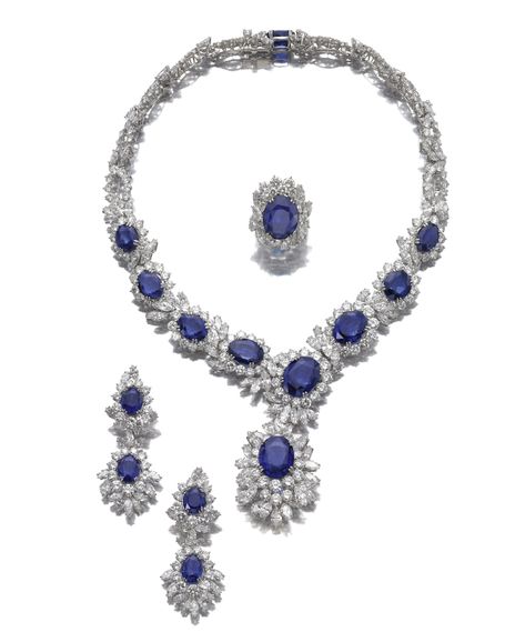 Attractive Sapphire and diamond suite  Comprising: a necklace composed of flower head clusters set with oval sapphires and brilliant-cut diamonds, alternating with marquise-shaped stones, suspending at the front a detachable pendant similarly set. Detachable Pendant, Ear Clips, That Dress, Blue Stones, Royal Jewels, A Necklace, Fabulous Jewelry, Sapphire Jewelry, Fantasy Jewelry