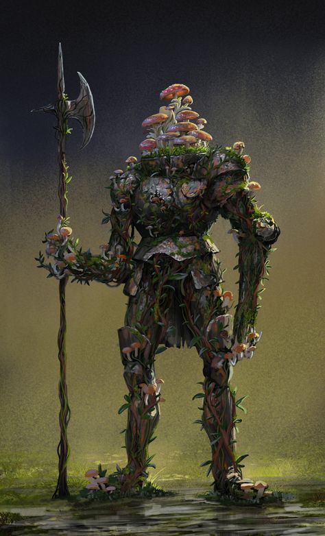 Fungi Monster Art, Mushroom Infected Character, Mushroom Warrior Art, Forest Warrior Fantasy Art, Fantasy Mushroom Creature, Wooden Warforged Dnd, Mushroom Horror, Moss Skeleton, Mushroom Armor