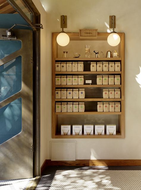 Sightglass coffee Shop on 20th Street in San Francisco by Boor Bridges Architecture Glass Entrance Doors, Bridges Architecture, Display Visual Merchandising, Custom Chandelier, Espresso Bar, Natural Palette, Banquette Seating, Street Design, Shop Interior Design