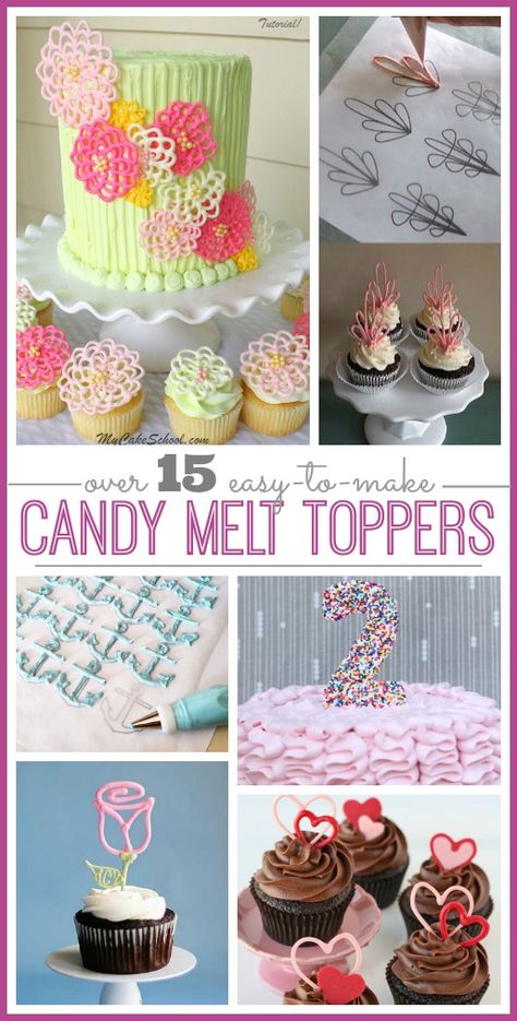 ton of great ideas for easy to make candy melt toppers (for cakes and cupcakes) - - Sugar Bee Crafts Lemon Roll, Chocolate Toppers, Candy Melt, Easy Candy, Buttercream Decorating, Cake Fondant, Candy Crafts, Cakes And Cupcakes, Chocolate Fondant