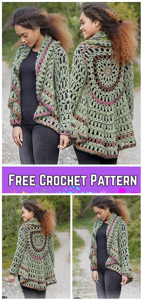 Crochet Forest Cycle Jacket Free Crochet Pattern Crochet Circle Jacket, Crochet Forest, Crochet Circle Vest, Crochet Jacket Pattern, Crochet Women, Hippie Crochet, Black Crochet Dress, Crochet Clothes For Women, Crochet Circles