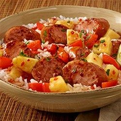 Hawaiian Pineapple Sweet & Sour Smoked Sausage Cuban Beans And Rice, Cuban Beans, Sweet Chili Garlic Sauce, Smoked Sausage Recipes, Sausage Dishes, Beans And Rice, Spicy Sausage, Chili Garlic Sauce, Chicken Sausage