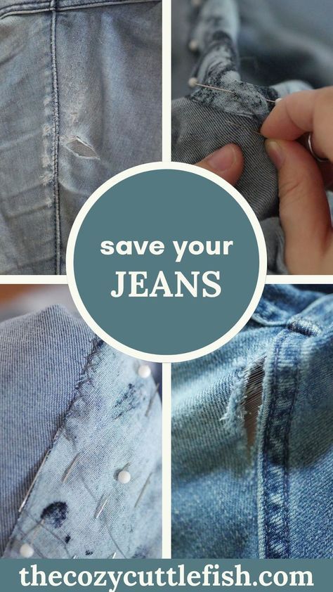 Mending jeans doesn’t have to be a chore with these fast and easy hand-sewing techniques to repair holes, tears, and wear. Mend Jeans Holes, Visible Mending Jeans Back Pocket, Repair Jeans By Hand, Mending Jeans By Hand, Cross Stitch On Jeans, How To Mend Jeans, Jeans Mending, Visible Mending Jeans, Repairing Clothes