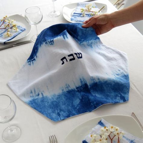 Diy Hanukkah, Shabbat Table, Minimalist Candle, Shabbat Dinner, Jewish Crafts, Modern Judaica, Challah Cover, Embroidered Letters, Indigo Shibori