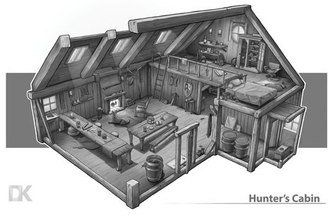 3/4 Hunter Cabin Design. , Dennis van Kessel on ArtStation at https://www.artstation.com/artwork/xxW6X First Year University, Fantasy Cabin, Hunter Cabin, Fantasy Interior, Fantasy Farm, Drawing Methods, Teesside University, Hunters Cabin, Viking House