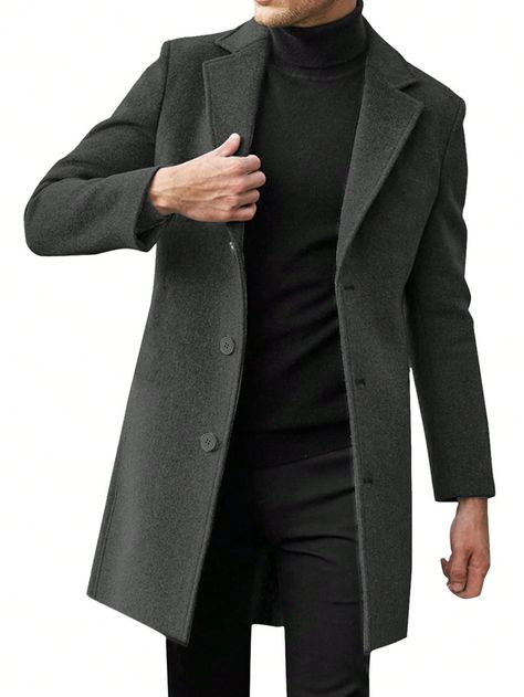 1pc Elegant Mid-Length Knitted Overcoat For Men Dark Grey Casual  Long Sleeve Woven Fabric Plain Regular Non-Stretch  Men Clothing, size features are:Bust: ,Length: ,Sleeve Length: Punk Braids, Man's Overcoat, Overcoat Men, Mens Overcoat, Mens Office, Wool Overcoat, Scarf Casual, Casual Wide Leg Pants, Fairy Fashion