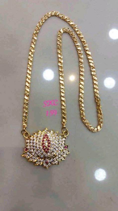 Lotus Dollar Gold Chain, Gold Dollar Chain Designs, Long Chain With Dollar Gold, Stone Dollar Chain Gold Indian, Gold Chain With Pendant Indian, Dollar Chain Gold Indian, Panchaloha Jewellery, Dollar Chain, Ruby Necklace Designs