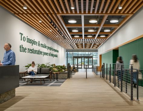 L.L. Bean Corporate Headquarters, Freeport, Maine Company Headquarters, Freeport Maine, Acoustic Ceiling Panels, Lighting Control System, Corporate Headquarters, Davis Furniture, Modular Lounge, Food Company, Modular Lounges