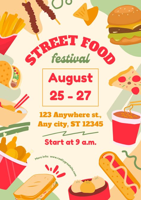 Street Food Festival Colorful Illustrative Canva Template International Food fest. #canva #template #food #street #international #fast #colorful #summer #fest Food Stall Poster Ideas, Food Fest Poster Design, Street Food Festival Poster, Food Fair Poster, Poster Food Festival, Food Festival Poster Design Ideas, Stall Poster Design, Food Event Poster Design, Food Stall Ideas For College Fest