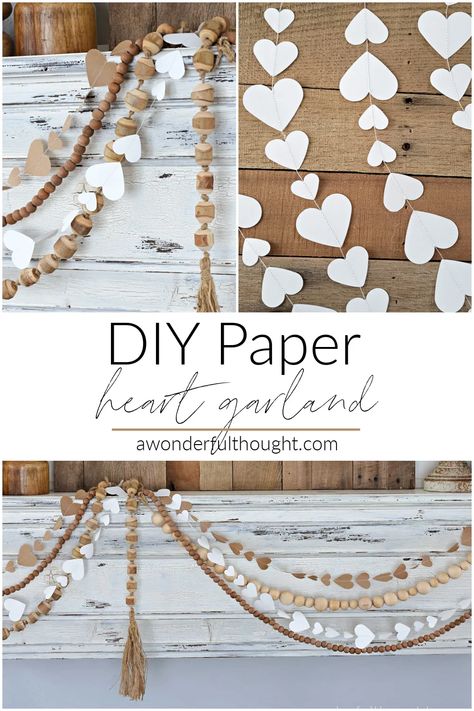 How To Make Heart Garland, Neutral Valentines Decor, Diy Paper Garland, Diy Garland Paper, Creative Paper Crafts, Fun Diy Ideas, Valentines Treats, Paper Heart Garland, Valentine Door Decorations