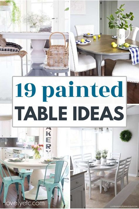 Painted dining table and kitchen table ideas that will give you plenty of inspiration for updating your own table. These painted table ideas include fresh paint finishes for refinishing all different types of tables. Painted Dining Tables Ideas, Blue And Grey Dinning Table, Painted Oak Dining Table And Chairs, Dining Room Table Painted, Round Dining Table Color Ideas, White Table And Chairs Dining Room, White Dining Room Table Ideas, How To Paint Table, Chalk Painted Table And Chairs