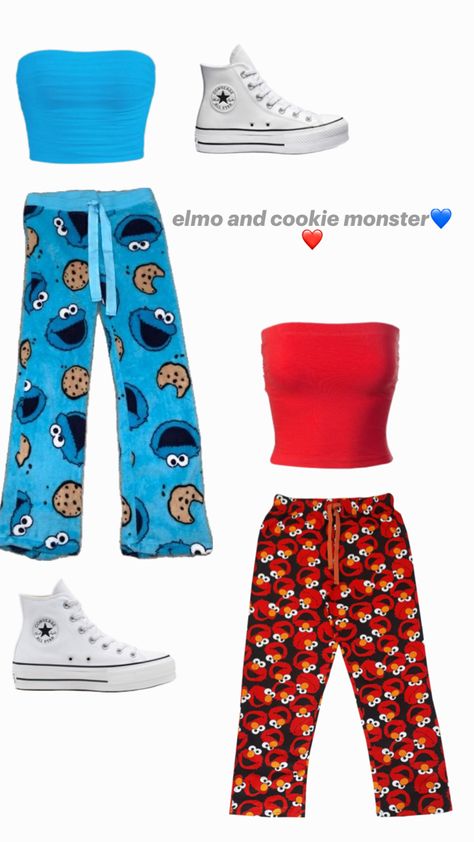 aesthetic Elmo and Cookie Monster halloween outfits ❤️💙 Cookie Monster Outfit Women, Cookie Monster Asthetic, Duo Halloween Costumes Elmo And Cookie Monster, Elmo And Cookie Monster Costumes Onsie, Elmo Costume Teen, Elmo Pajama Pants, Halloween Two People Costumes, Elmo And Cookie Monster Halloween, Things To Match With Your Best Friend