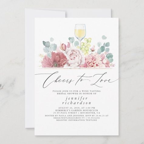 Dusty Rose Flowers, Wine Bridal Shower Invitations, Bridal Shower Registry, Pink Floral Bridal Shower, Bridal Shower Wine, Flowers Wine, Modern Bridal Shower, Rose Wedding Invitations, Dusty Rose Wedding