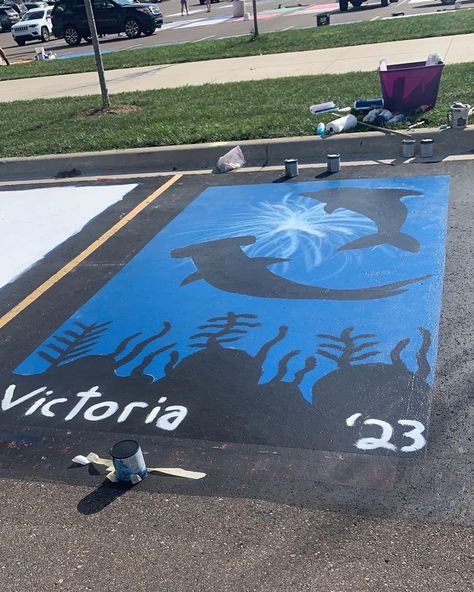 Drake Senior Parking Spot, Shark Parking Spot Painting, Ocean Parking Spot Painting, Shark Senior Parking Spot, Ocean Senior Parking Spot, Unique Parking Spot Paintings, Senior Parking Spaces Funny, Senior Year Checklist, Painted Parking Spaces Ideas