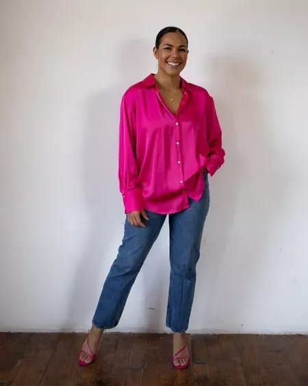 Oversized pink satin shirt styled loosely with dark wash straight leg jeans and matching pinky strappy heeled sandals #LTKSeasonal #LTKstyletip Pink Satin Shirt, Satin Shirt Outfit, Satin Shirts, Spring Date, White Crop Top Tank, Flowy Mini Dress, Outfits To Wear, Skirt And Sneakers, Satin Midi Skirt